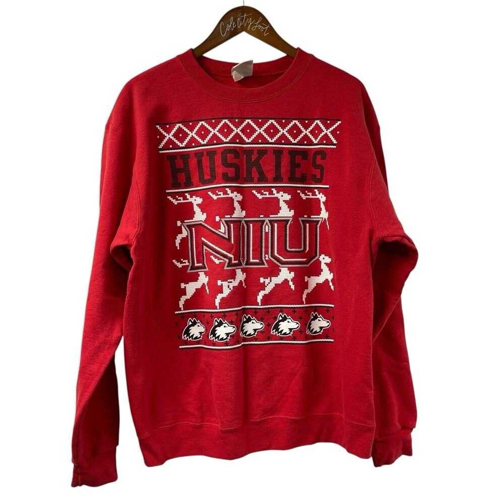 Not So Ugly Christmas Sweatshirt NIU Huskies Red Champion L Reindeer Northern IL